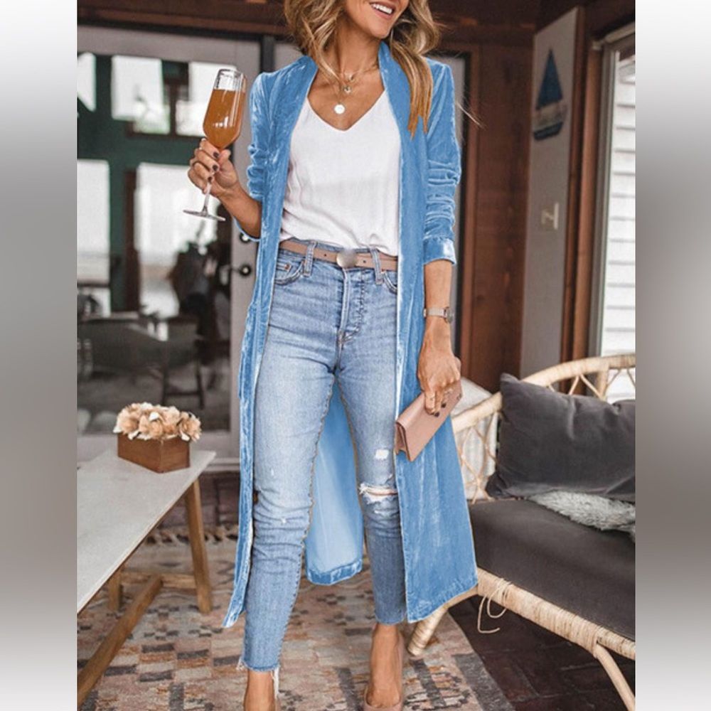 Longline Velvet Retro Duster Coat Jacket in Powder Blue - Picture 16 of 16